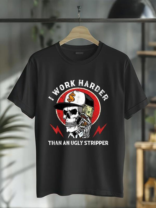 100% cotton I Work Harder Than An Ugly Stripper Vintage Boy Skull Dollar T-Shirt casual Fashion graphic tees for women...