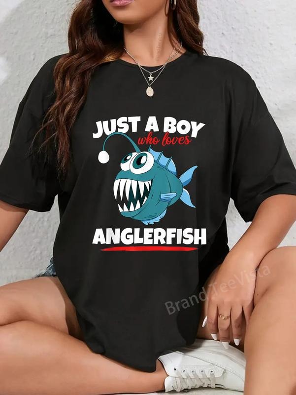 100% cotton Just A Boy Who Loves Angler Fish Funny Fishing Anglerfish T-Shirt women graphic shirts Hoodie, Sweatshirt