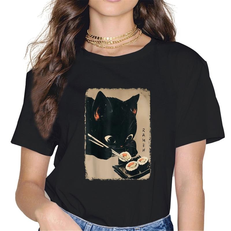 100% cotton Kawaii Cat Eating Sushi Funny Japanese Anime Cute Cat Girls T-Shirt women graphic shirts Hoodie, Sweatshirt