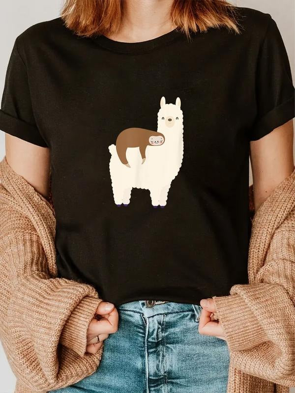 100% cotton Lazy Sloth Riding Llama Funny Graphic for Women for Girls T-Shirt casual Fashion graphic tees for women...