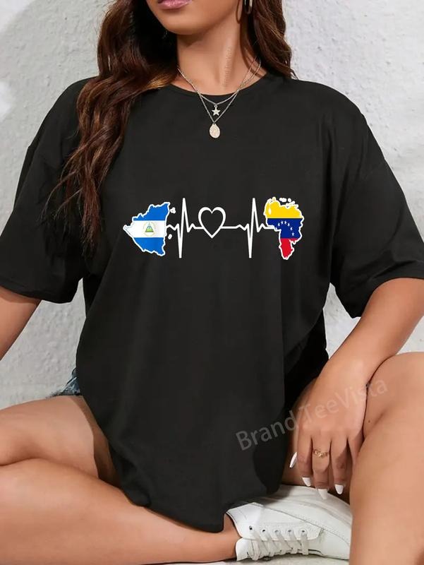 100% cotton Nicaragua Venezuela Flag Nicaraguan Venezuelan Heartbeat T-Shirt women graphic shirts Hoodie, Sweatshirt