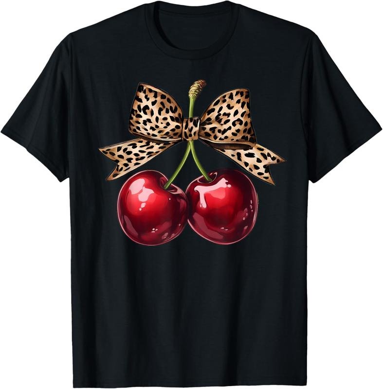 100% cotton Retro Cherry Leopard Coquette Bow Cute Cherries Women Girls T-Shirt women graphic shirts Hoodie, Sweatshirt