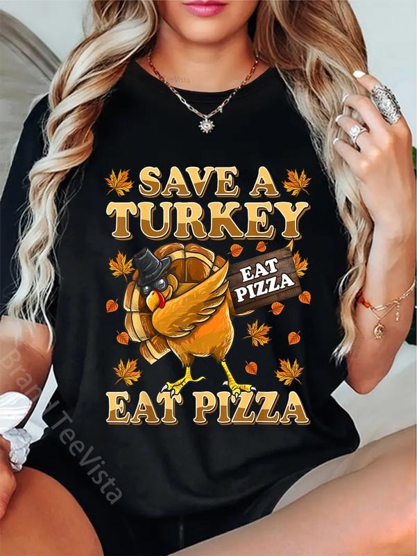 100% cotton Save A Turkey Eat Pizza Shirt Thanksgiving Adult Vegan T-Shirt women graphic shirts Hoodie, Sweatshirt
