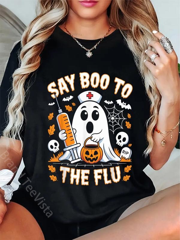 100% cotton Say Boo to The Flu Ghost Nurse Design T-Shirt women graphic shirts style 02 Hoodie, Sweatshirt