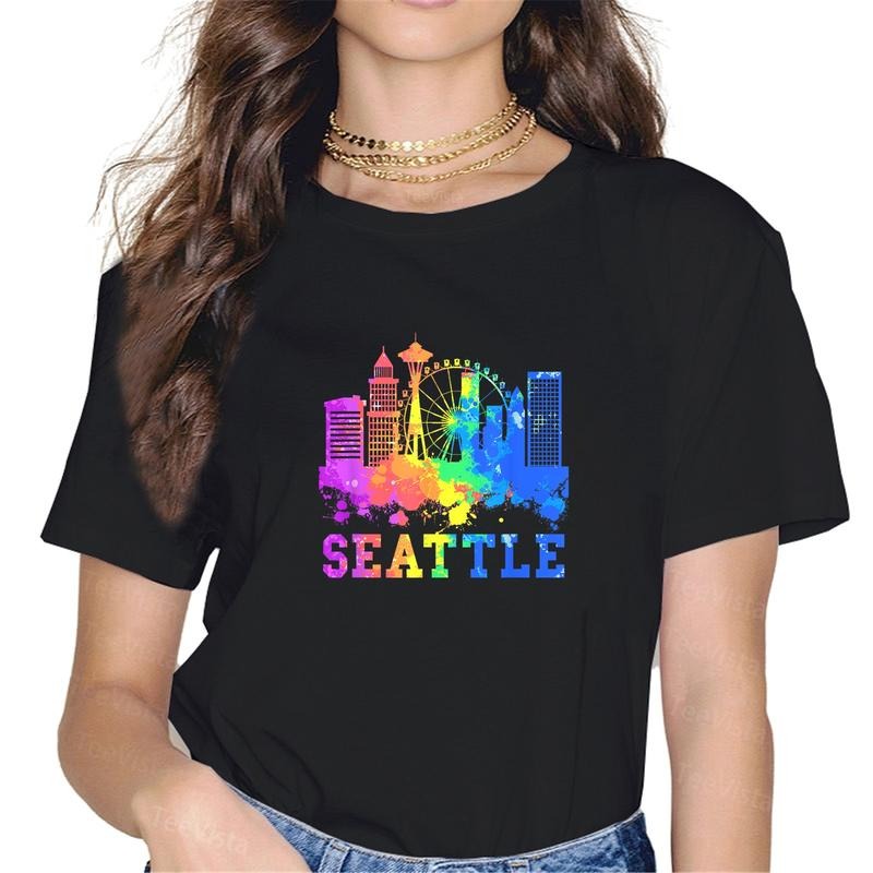 100% cotton Seattle Washington Skyline Watercolor Souvenir Seattle T-Shirt women graphic shirts Hoodie, Sweatshirt