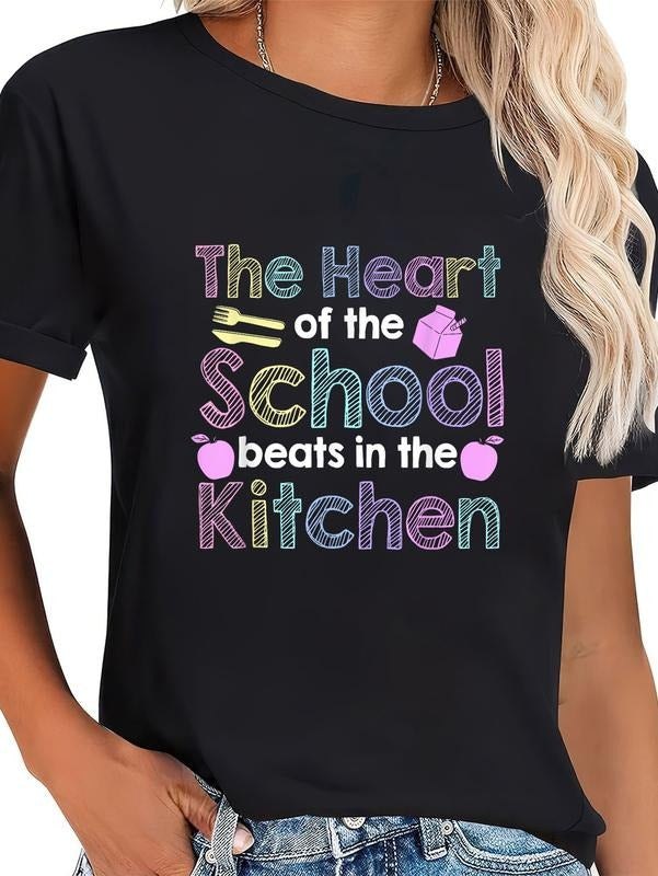 100% cotton The Heart Of The School Beats In The Kitchen Lunch Lady T-Shirt women graphic shirts Hoodie, Sweatshirt