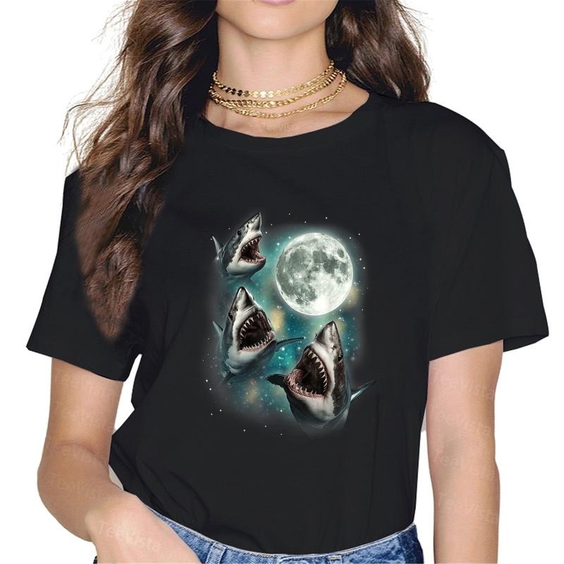 100% cotton Three Shark Moon | 3 Great Whites Howling Wolfs Moon Parody T-Shirt women graphic shirts Hoodie, Sweatshirt