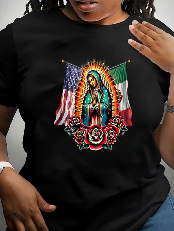 100% cotton Virgen De Guadalupe Virgin Mary Mexican American Flag T-Shirt women graphic shirts Hoodie, Sweatshirt