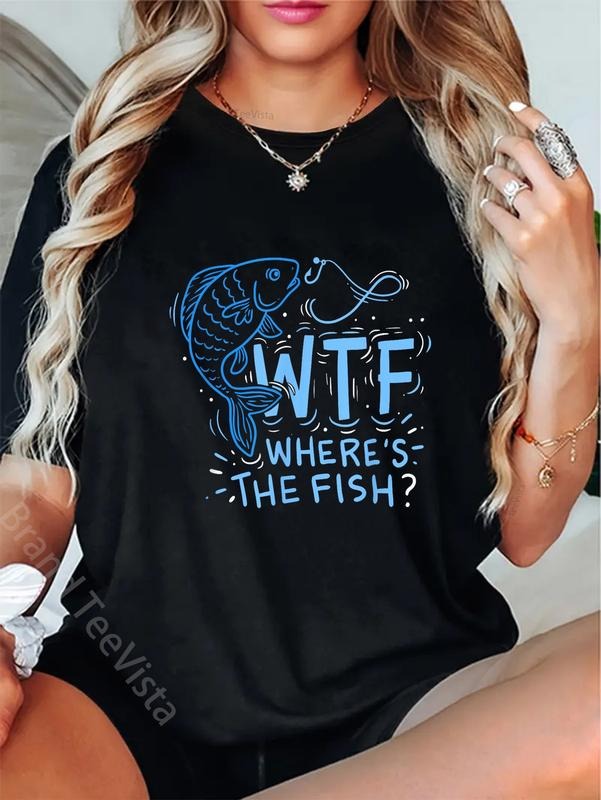 100% cotton WTF Where's The Fish T-Shirt, Anglers, Fisherman, Hook, Lake T-Shirt women graphic shirts Hoodie, Sweatshirt