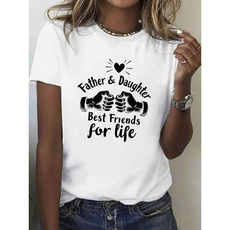 100% pure Cotton, father daughter best friend illustration printed T-shirt, spring and summer round neck short sleeved...