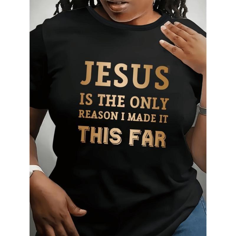 100%Cotton Plus Size Womens Casual Round Neck T Shirt With Inspirational Print black Machine Washable Relaxed Fit...