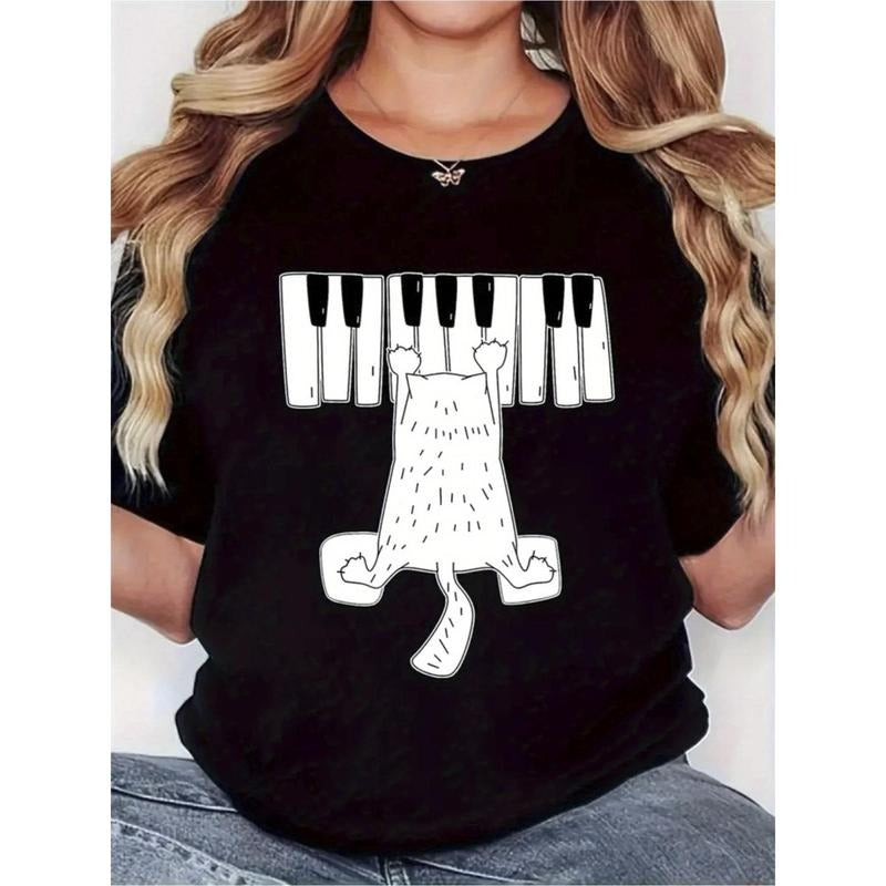 100%, White Cat Playing Piano Pattern Printed T-Shirt for Summer Round Neck Short Sleeved Women, with Slight Elasticity,...