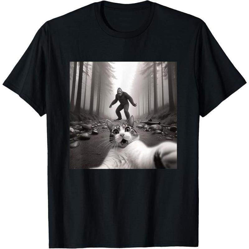 100%cotton Funny Surprised Scared Cat Selfie With Sasquatsch Bigfoot T-Shirt Hoodie, Sweatshirt | UrbanDripWear.com