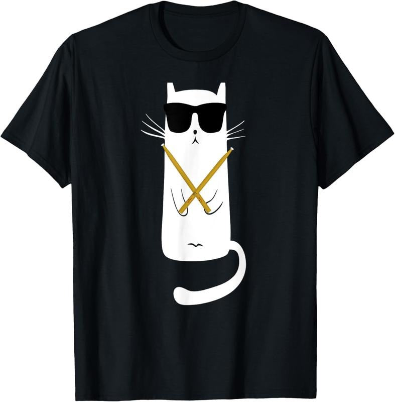100%cotton Funny cat wearing sunglasses drums playing drums T-Shirt plussize  graphic  tees  Top Hoodie, Sweatshirt