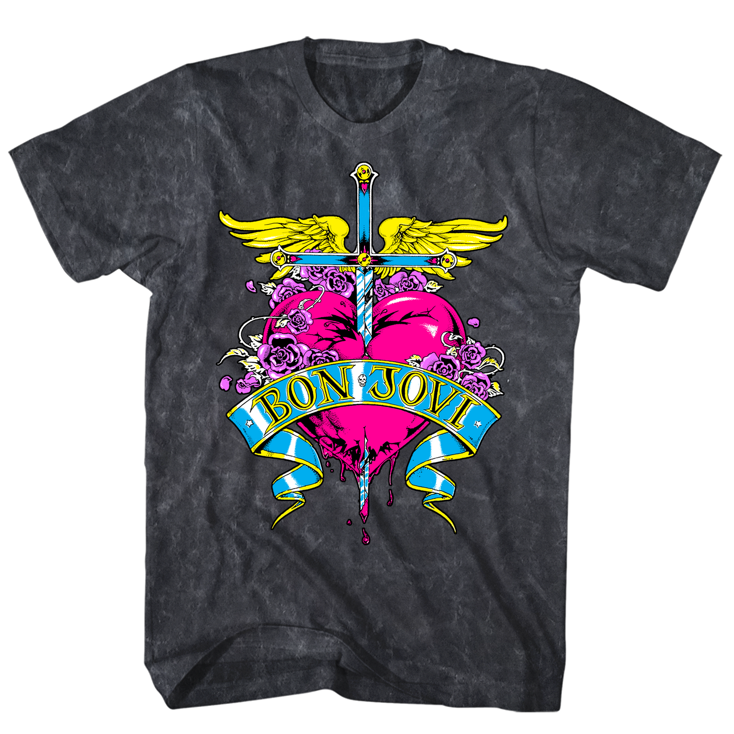 BON JOVI HEART VINTAGE MINERAL WASH BLACK  T-SHIRT