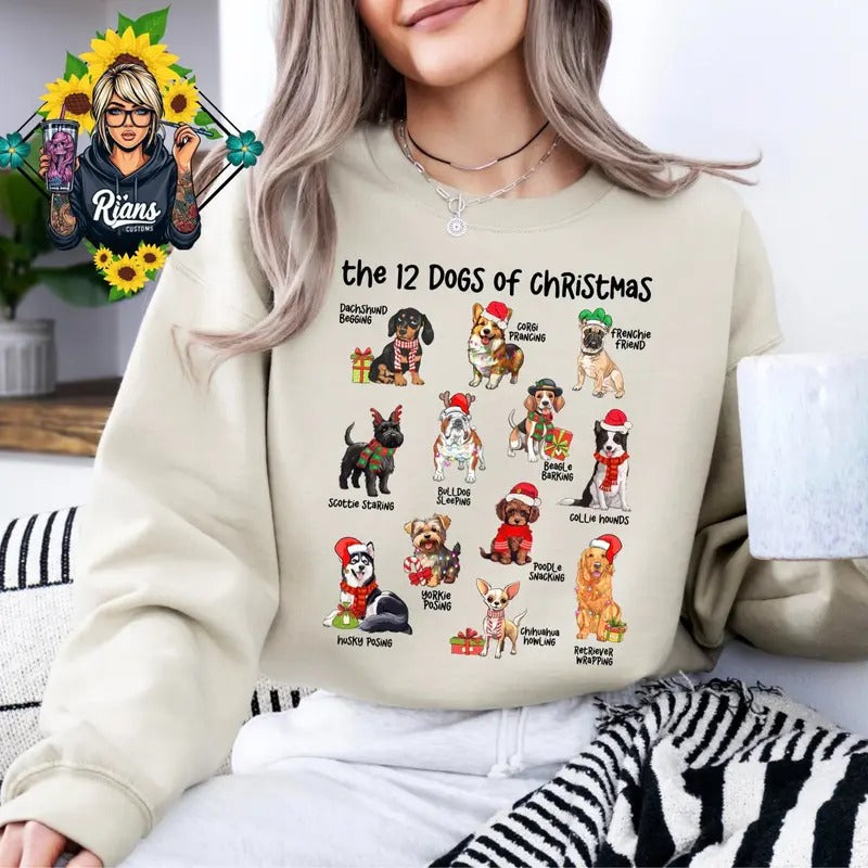 12 Dogs Of Christmas Comfortable Cozy Sweatshirt Crew Neck Cute Pullover T-Shirts, Hoodie | UrbanDripWear.com
