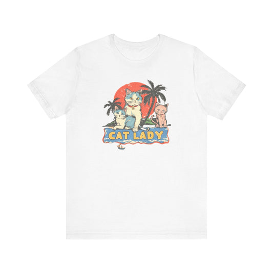 Cat Lady Sunset T-Shirt - Fun Tropical Beach Feline Tee
