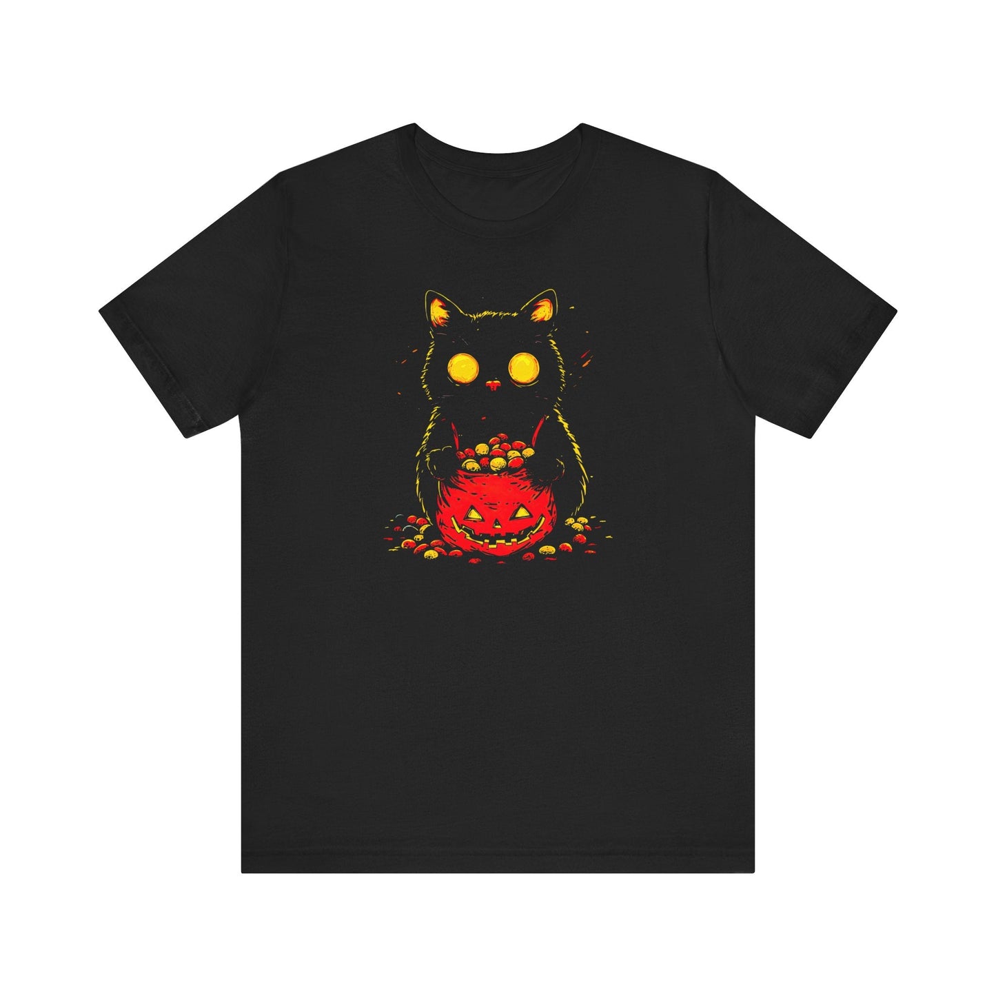 Halloween Black Cat Graphic Tee Ã¢â‚¬â€œ Spooky Pumpkin Candy Design Shirt