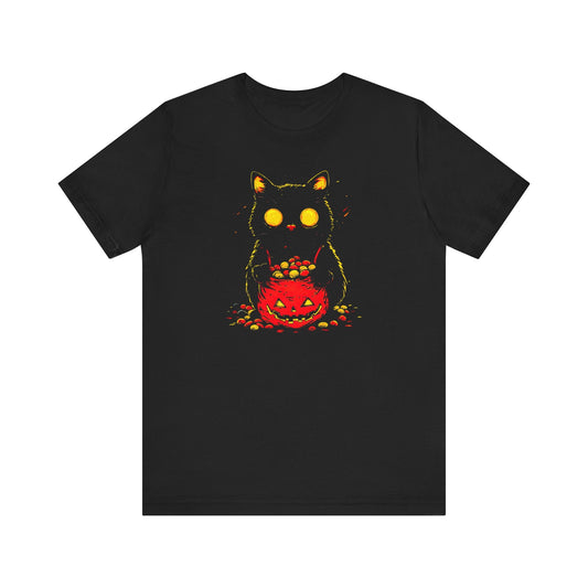 Halloween Black Cat Graphic Tee Ã¢â‚¬â€œ Spooky Pumpkin Candy Design Shirt