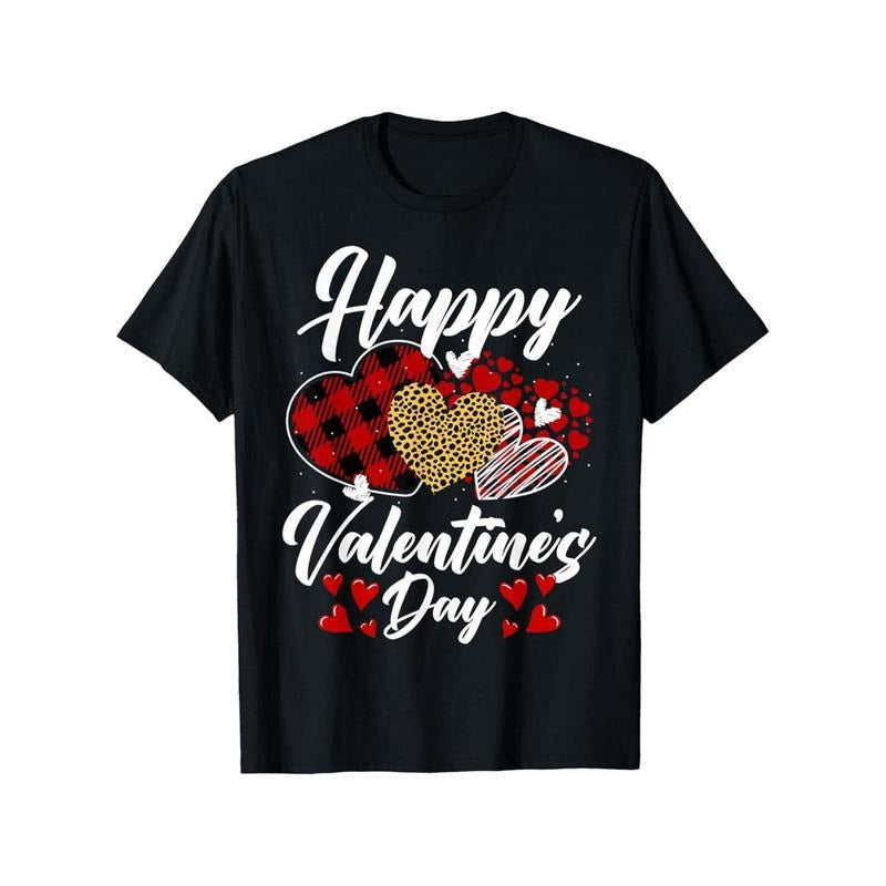 180G Cotton One-Sided Printed T-Shirt- Valentine'S Day Leopard Print Check Heart Print T-Shirt, Casual Crew Neck,...