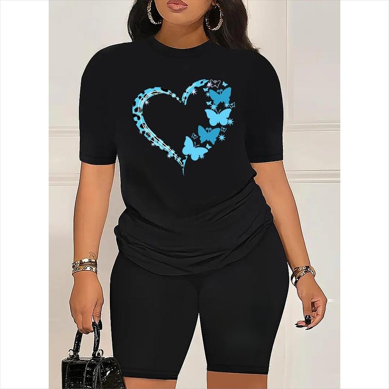 180G Playful Charm, Women'S Casual Butterfly Heart Pattern T-Shirt