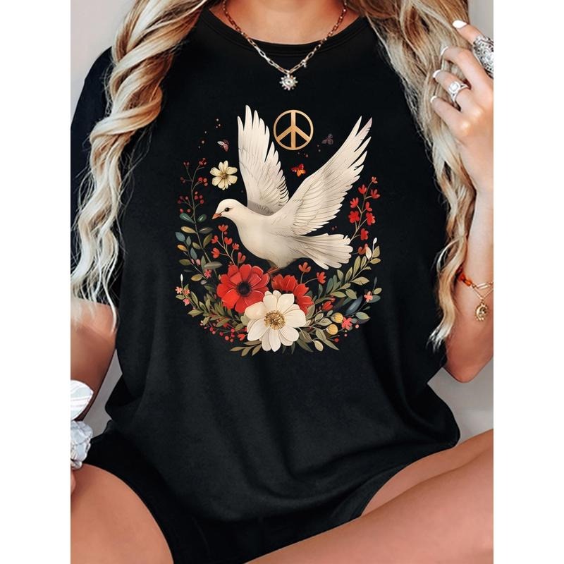 180g Peace Dove with Floral Print Women'S T-shirt-Soft Stretch Crew Neck Short Sleeve Top, Ideal Choice for Spring and...