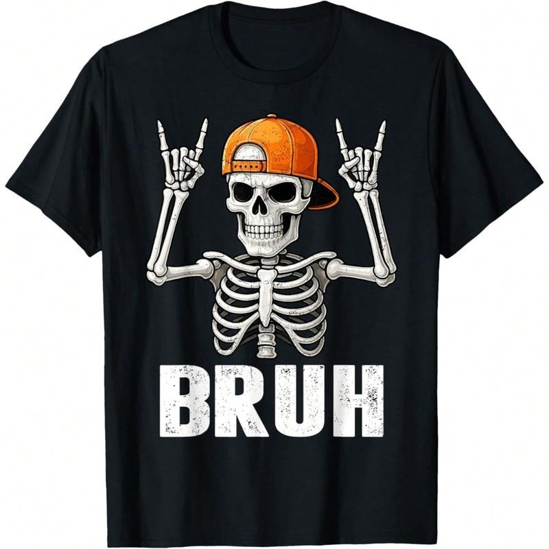 1Pcs Halloween Skeleton Rock On Bruh Funny T-Shirt For Men Women, Graphic Tees Gift, Round Neck Short Sleeved T Shirts...