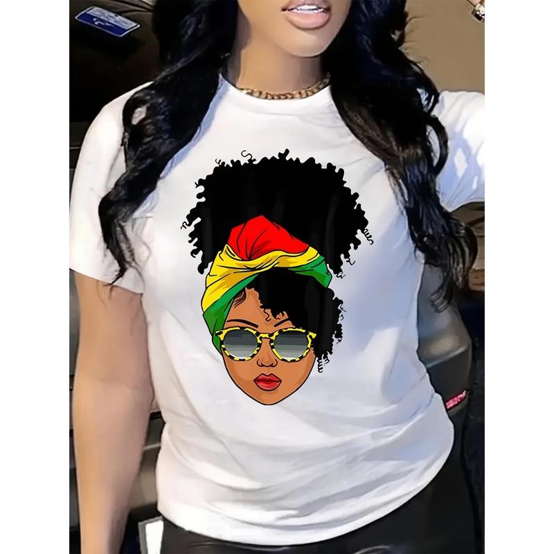 1pc Afro Woman Portrait T-Shirt, Casual Crew Neck Polyester Knit Fabric Tee with Spandex, All-Season Short Sleeve Top...