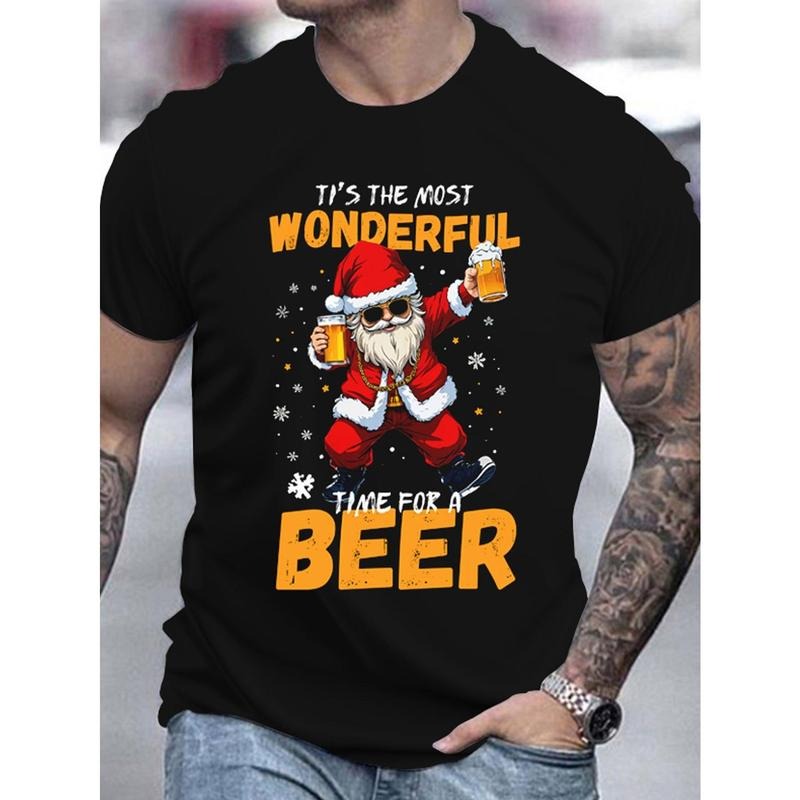 1pc Christmas Santa 3D Print T-Shirt, Men's Casual Round Neck Short Sleeve Tee, Polyester Knit Fabric, Festive Holiday...