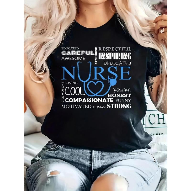 1pc Fun Nurse Gift T-Shirt for Men and Women- Black Crew Neck Short Sleeve, with Inspirational Nursing Quotes and Heart...