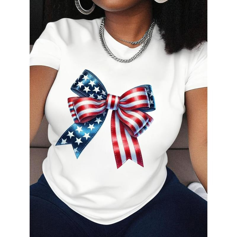 1pc Patriotic American Flag Bow Design Women's T-Shirt