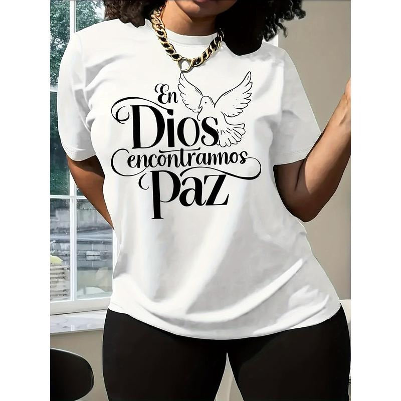 1pc Peace Dove& Religious Jesus Letter Print T-Shirt, Casual Crew Neck Short Sleeve Tee, 100% Polyester Knit Fabric, All...