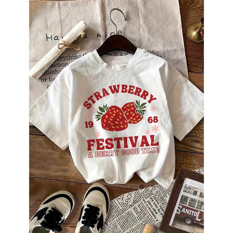 1pc Strawberry Festival Casual-Shirt Women- Soft Knit Fabric, All-Season Wear, Round Neck, Washable, Festive Strawberry&...