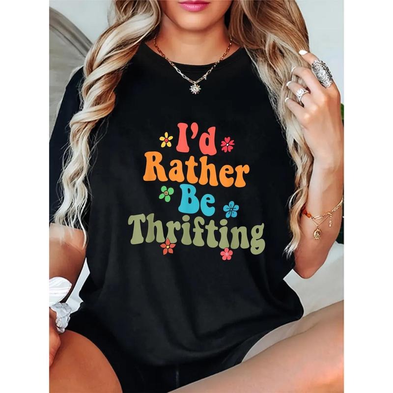 1pc Women'S Casual Cotton T-Shirt with "I'd Rather Be Thrifting" Slogan