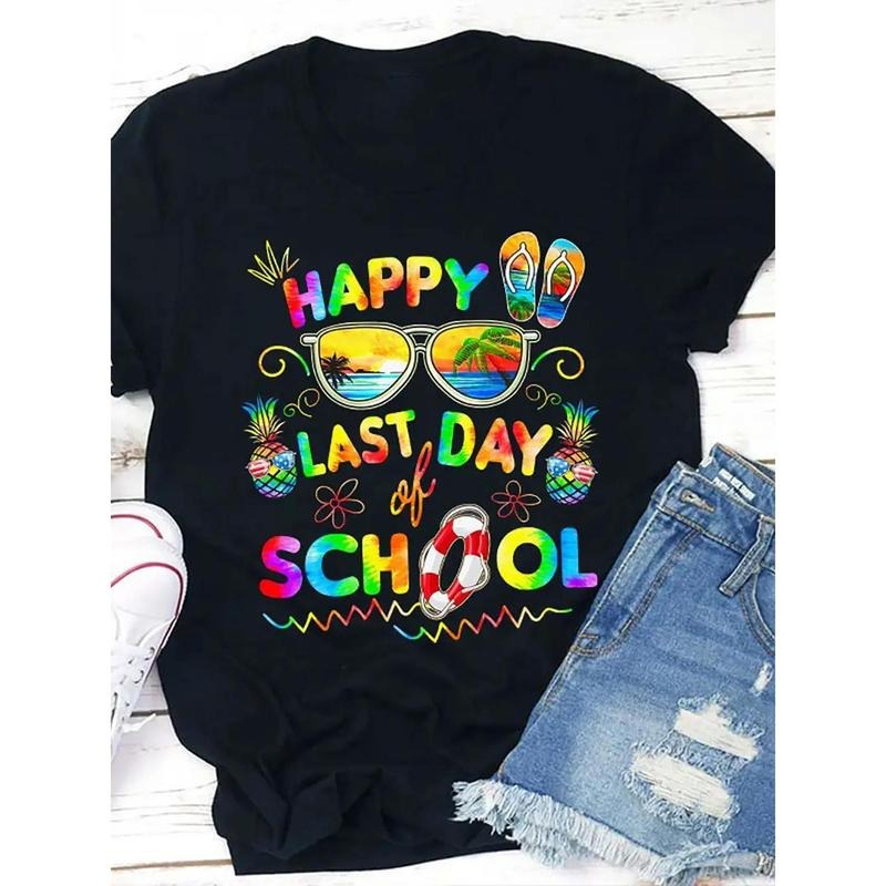 1pc Women's "Happy Last Day of " Graphic T-Shirt - Vibrant Summer Beach Scene with Fashion Glasses, Flip Flops & Palm...