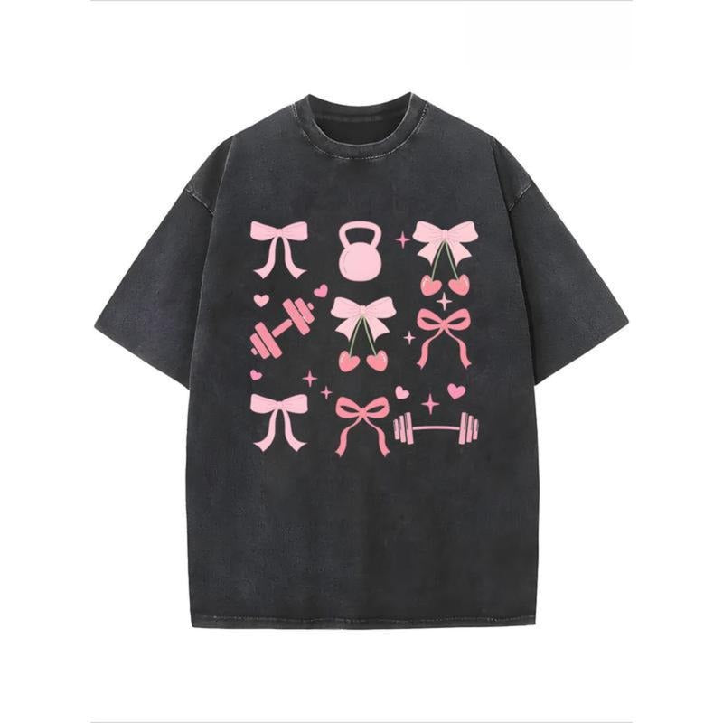 1pc Women's Cotton T-Shirt - Retro Streetwear Loose Fit Short Sleeve Round Neck Tee with Gym & Heart Motif Print, Machine...