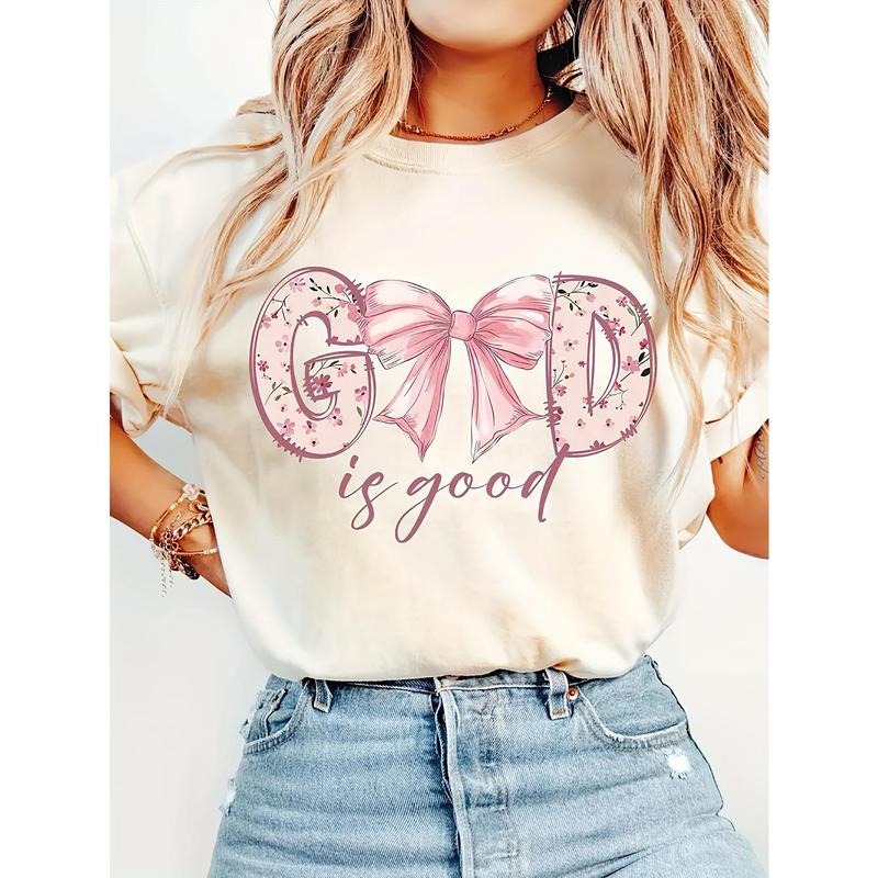 1pc Women's Vintage Christian "God Is Good" Bible Verse T-Shirt with Floral Bow Design, Soft Round Neck Short Sleeve,...