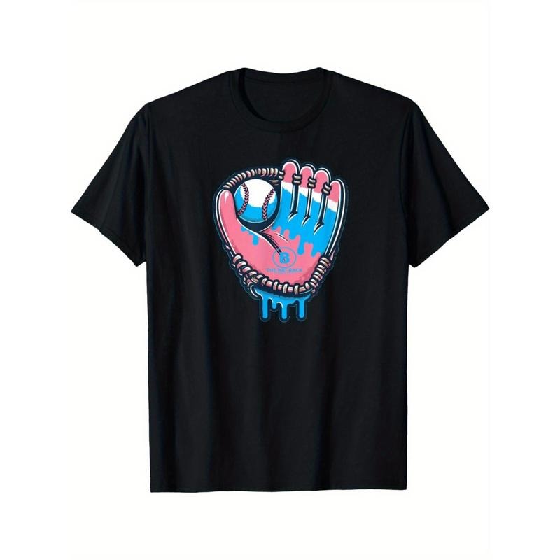 1pc Youth Baseball Glove Cotton Candy Drip T-Shirt - 100% Cotton, Crew Neck, Short Sleeve, Casual Style, Knit Fabric,...