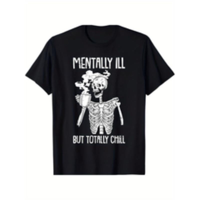1pc skeleton graphic tee cotton crew neck t shirt with   ill but     slogan   for adults regular fit   stretch geometric...