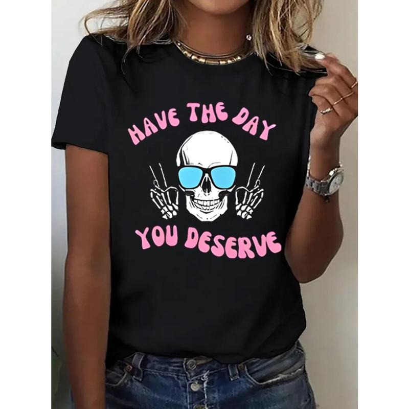 1pc, 100% Pure, Wishing You a Wonderful Day. Pattern Printed T-Shirt for Casual Women of The Season, Round Neck Pure...