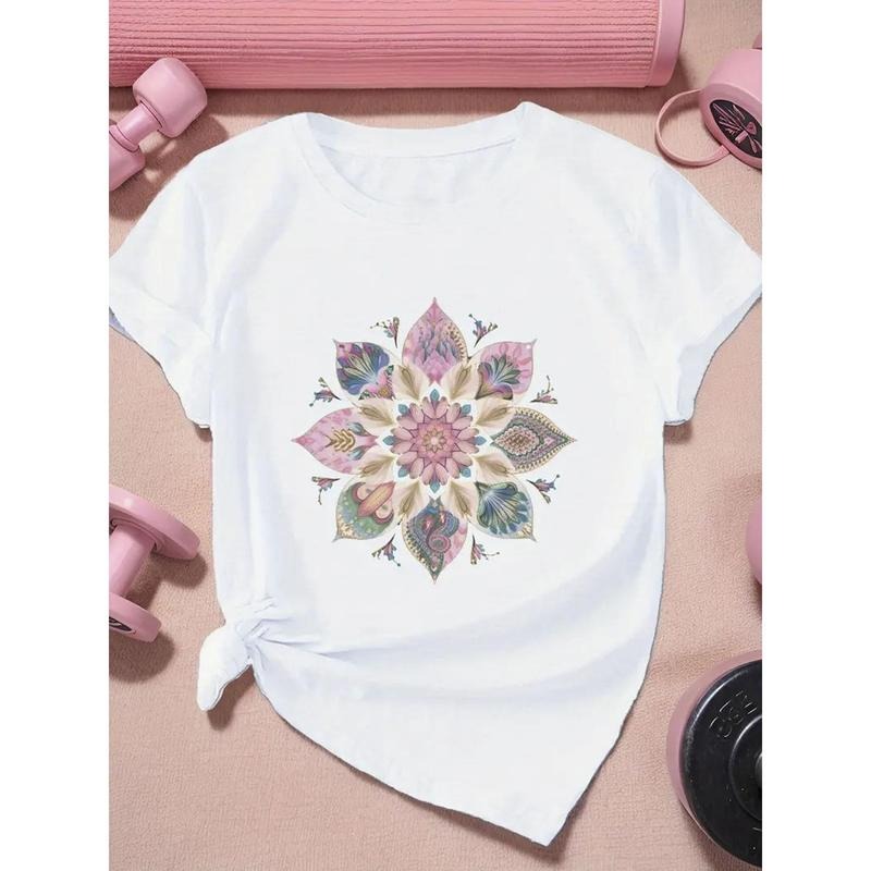1pc, 100%, Double Petal Floral Print T-Shirt, Spring And Summer Round Neck Short Sleeved Women'S T-Shirt, Lightweight And...