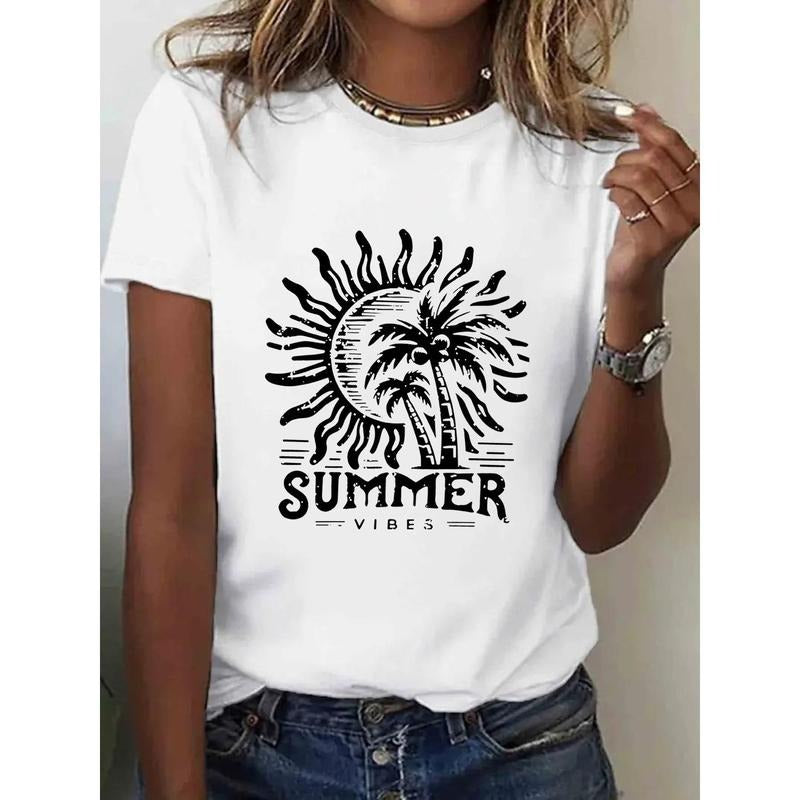 1pc, 100%, Summer Pattern Printed T-Shirt, Spring And Summer Round Neck Short Sleeved Women'S T-Shirt, Pure Breathable...