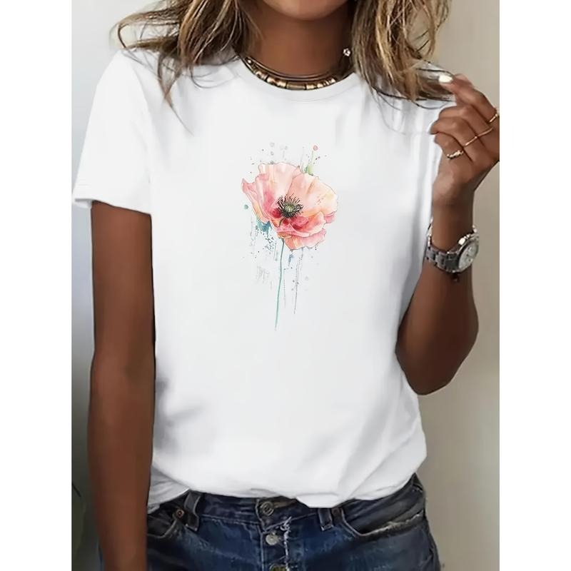 1pc, Floral Pure Women'S T-Shirt, Spring And Summer Casual Short Sleeved Top, Fashionable Top