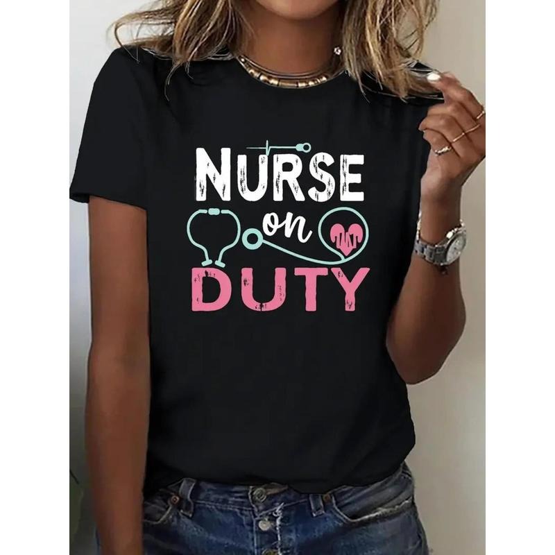 1pc, Nurse Printed Round Neck T-Shirt, Spring And Summer Casual Short Sleeved Top, Fashionable Top Interesting Graphic...