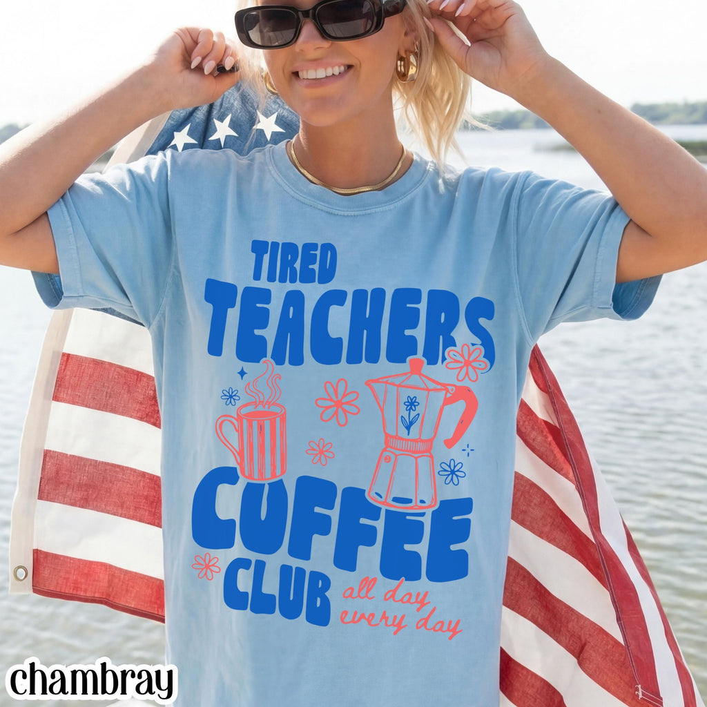 Tired Teachers Coffee Club Comfort Colors Retro Coffee Lover Kindergarten Classroom First Grade Teacher Back School (3)