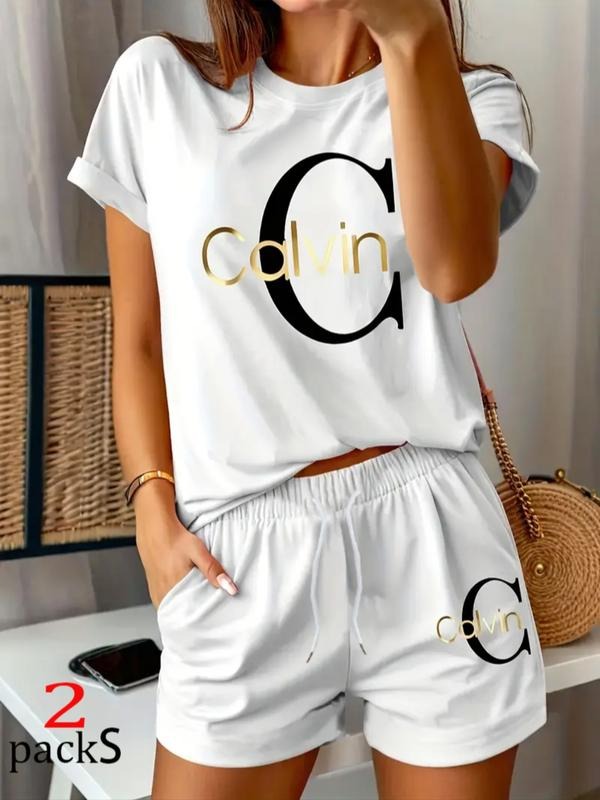 2 Piece Women's Casual T-Shirt Set, Summer Fashion Loose Fit Letter Print, Lightweight Comfortable Top for Daily Wear...