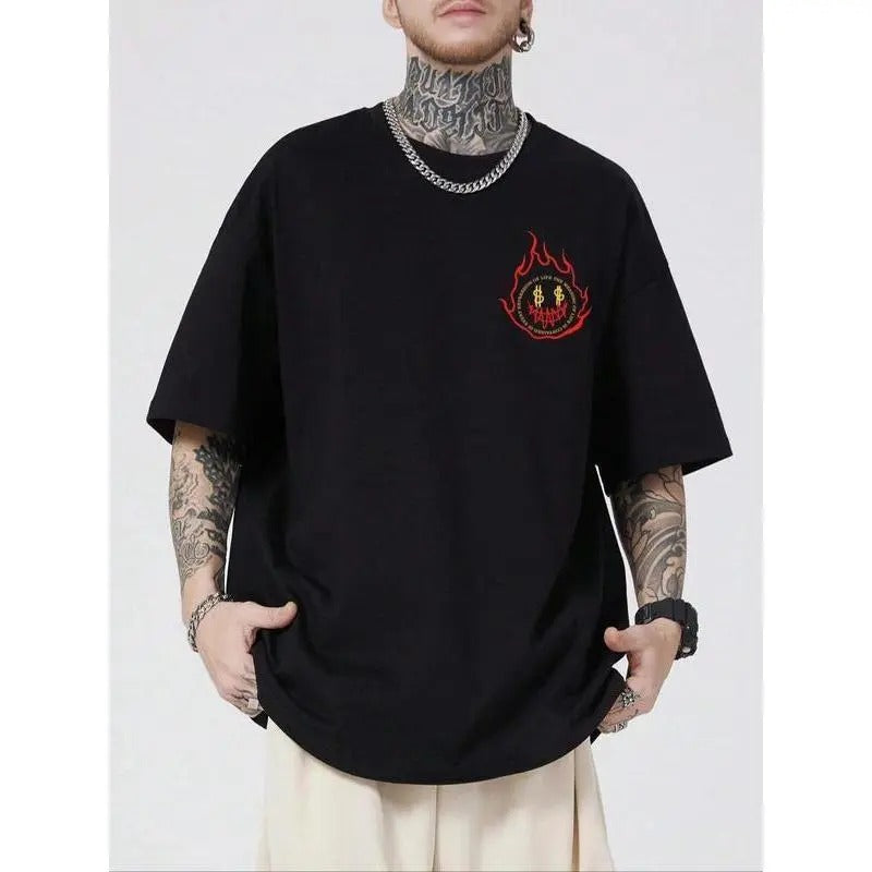 2 Sided Casual men's top for daily wear featuring a cartoon graphic print, round neck, and drop shoulder design in loose...