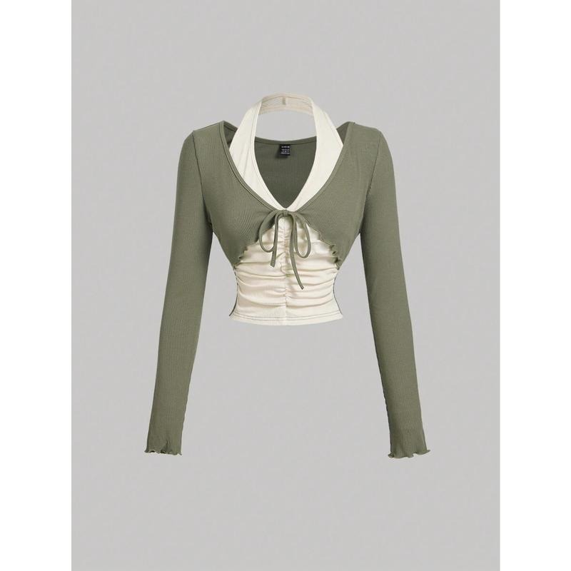 2 in 1 Halter Neck Long Sleeve T Shirts Color Block Ruched Knitted Top Hoodie, Sweatshirt | UrbanDripWear.com