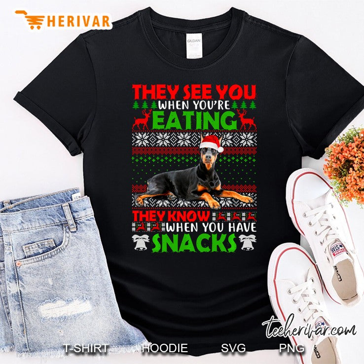 Ugly Sweater Doberman They See You Eating Christmas