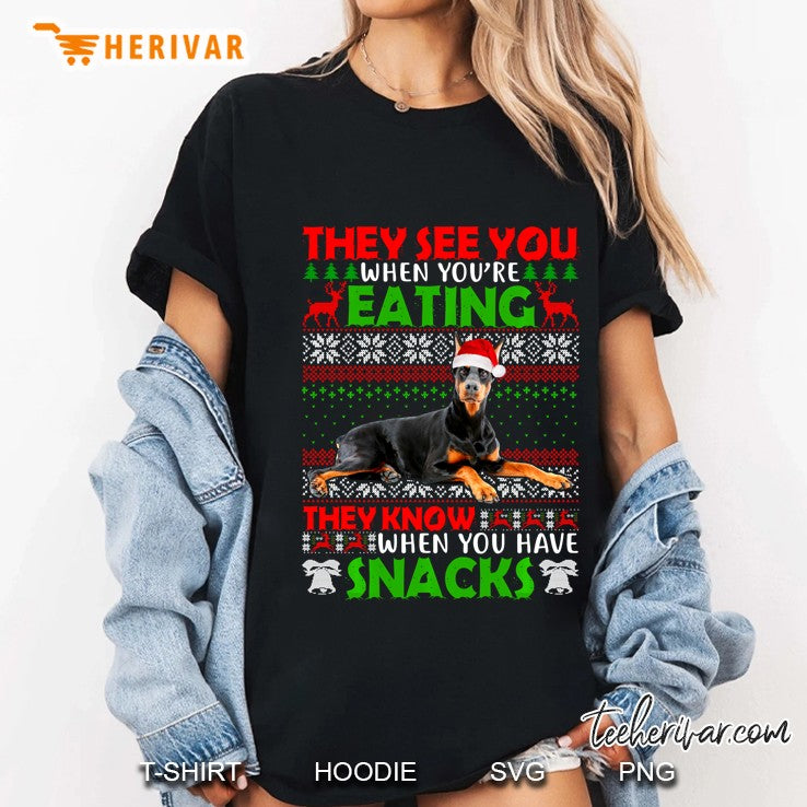 Ugly Sweater Doberman They See You Eating Christmas